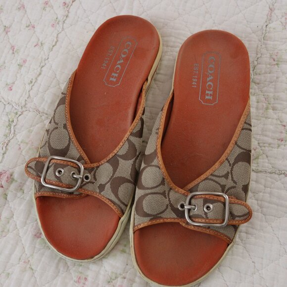 Coach Canvas/Leather Monogram Flat Slip-On Silver Buckle Shoes Size 10 - Picture 1 of 4
